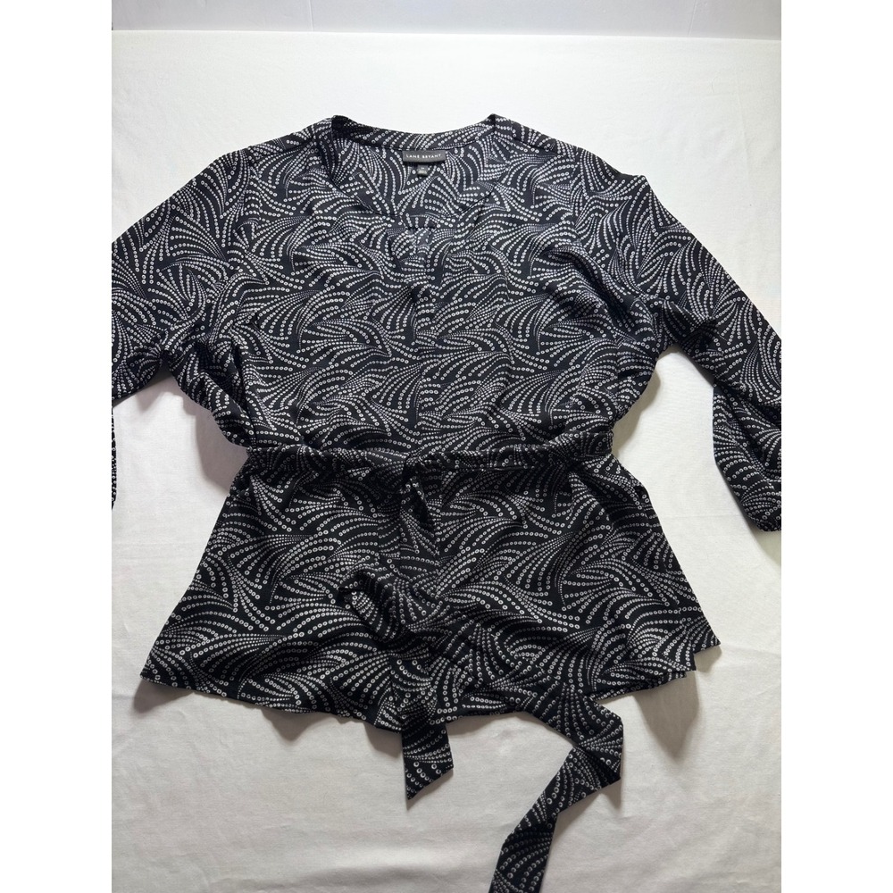 Lane Bryant Blouse Womens 24 Black White Dot Tie Waist V-Neck Long Sleeve Top